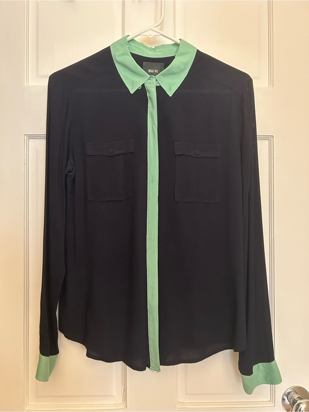 Maeve navy Long Sleeve Button-Up Blouse with Mint Trim